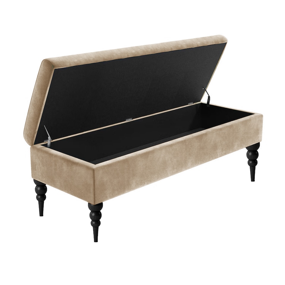 image 1 of 90cm Safar Plain Ottoman Storage Bench -Upholstered Shoes Bench with Black Turned Wooden Legs - Beige Naple Ottoman Bench