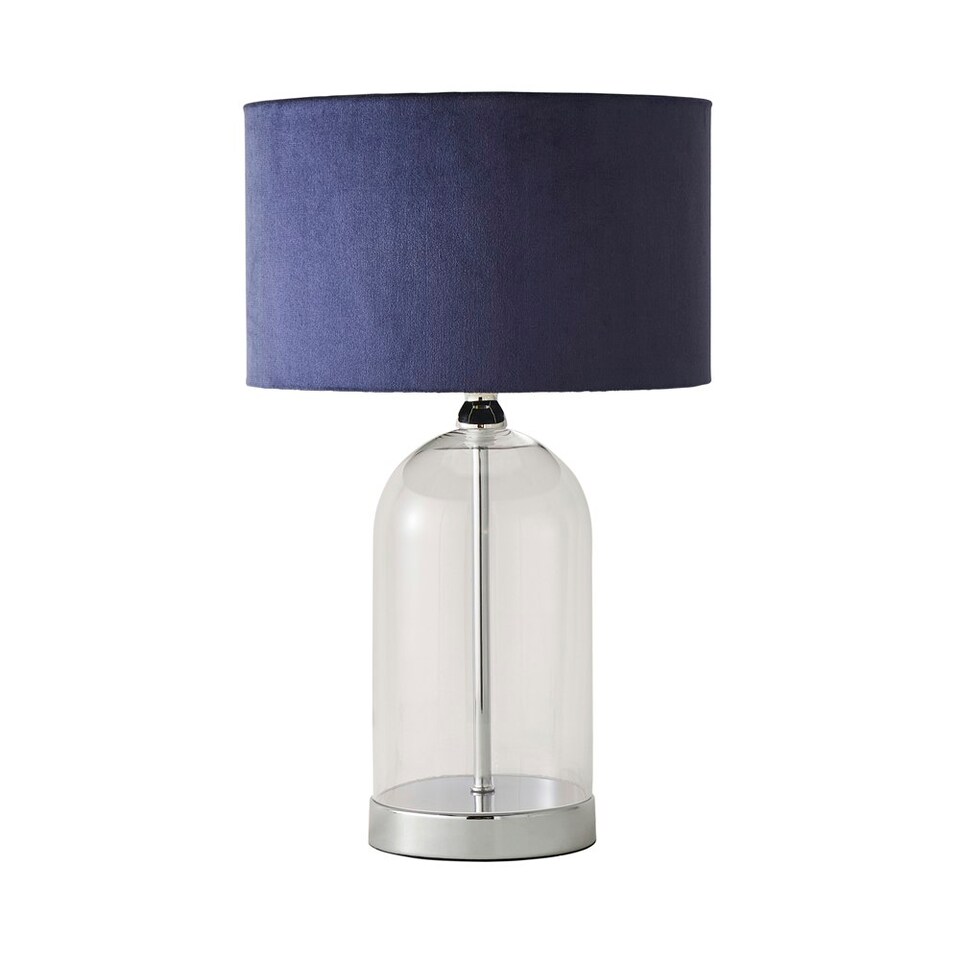 image 1 of ValueLights Jessy Glass and Black Metal Bedside Table Lamp with a Navy Blue Velvet Lampshade - Bulb Included Blue