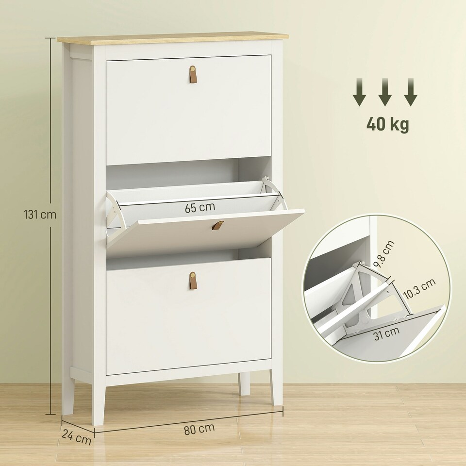 image 1 of HOMCOM 3 Drawer Shoe Cabinet with Flip Doors for Hallway, Entryway White | 80W x 24D x 131H cm