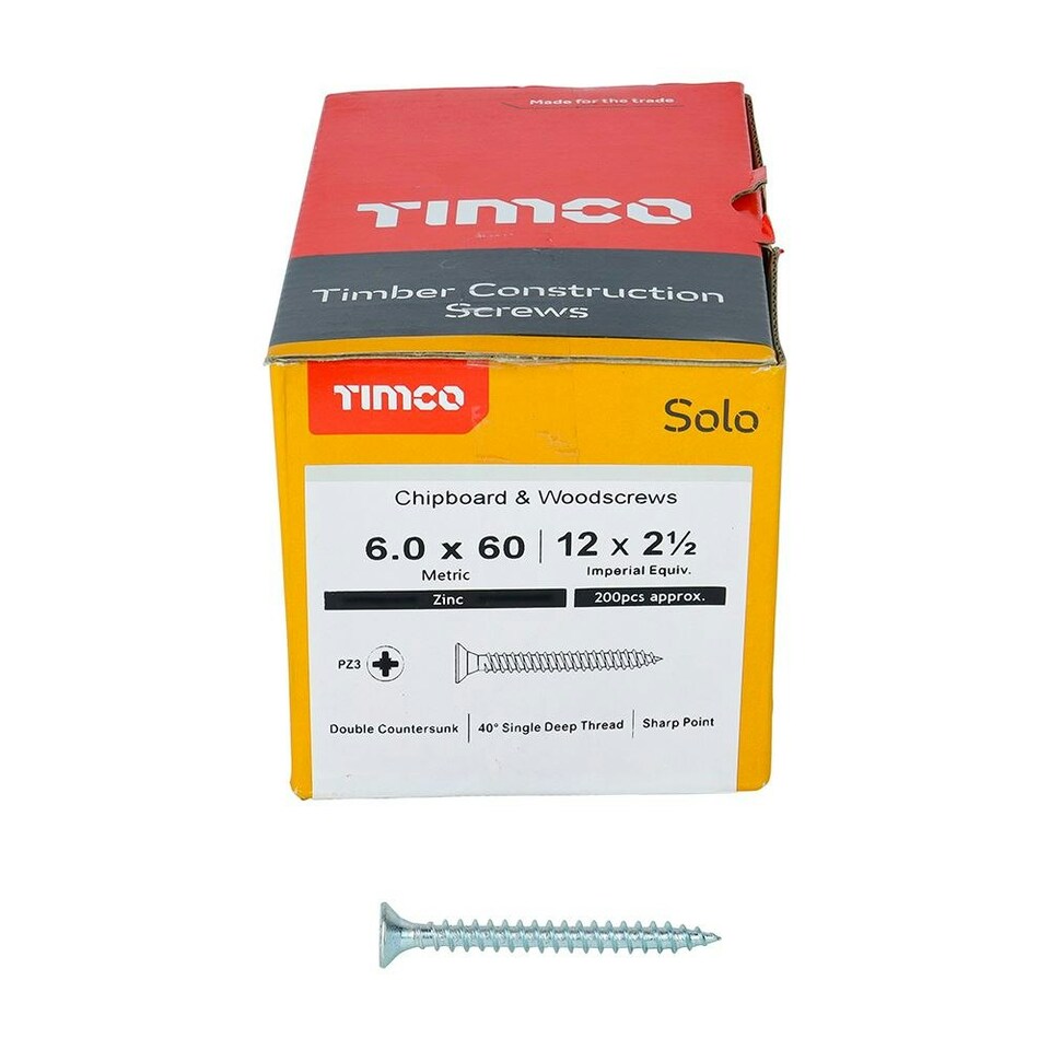 image 1 of Timco - Solo Chipboard & Woodscrews - PZ - Double Countersunk - Zinc (Size 6.0 x 60 - 200 Pieces)