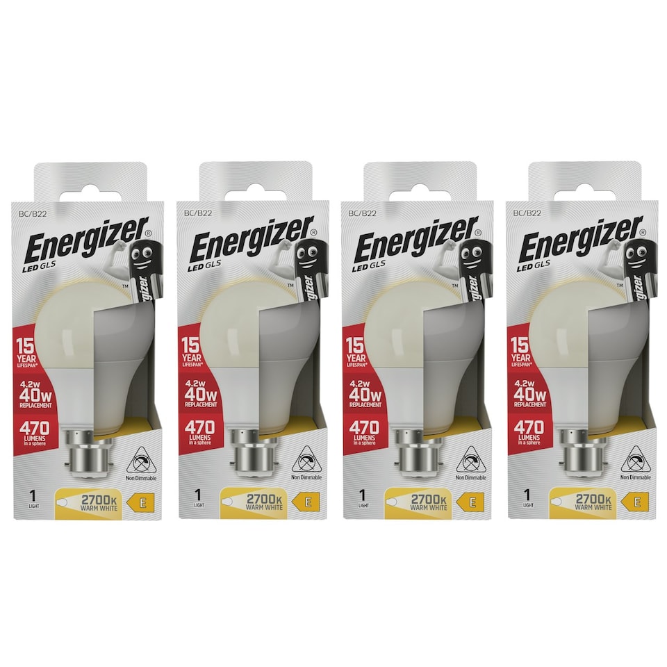 image 1 of Energizer LED GLS B22 470lm 4.2W 2700K (Warm White) Light Bulb - Pack of 4