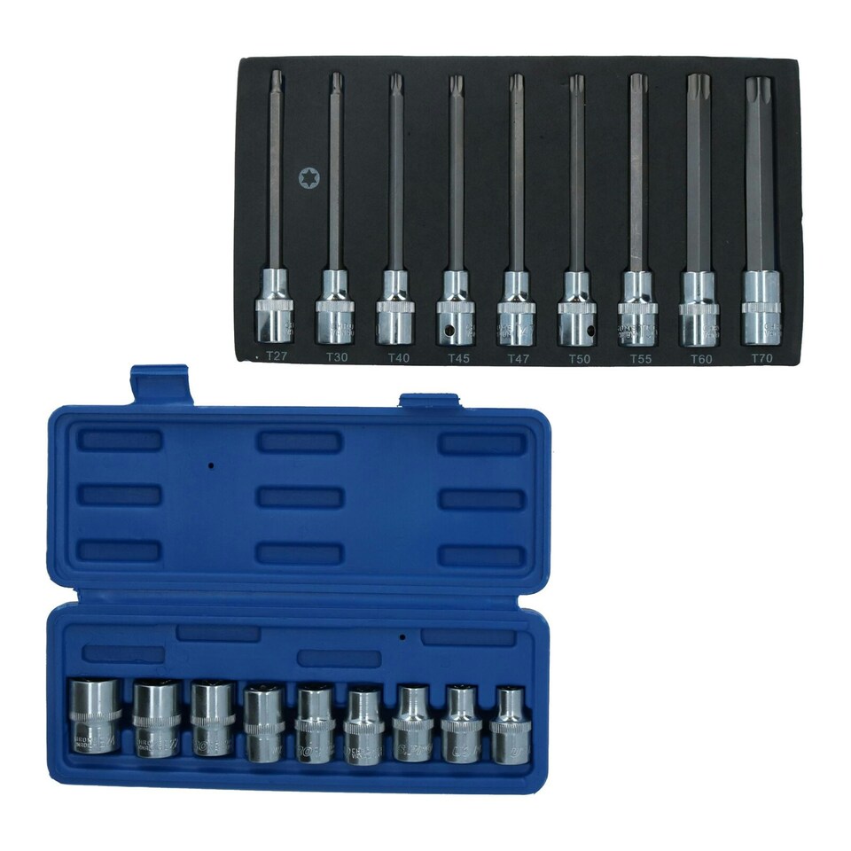 image 1 of 1/2" Drive Male + Female Short Long Torx E Sockets T27 - T70 E10 - E24 18pc