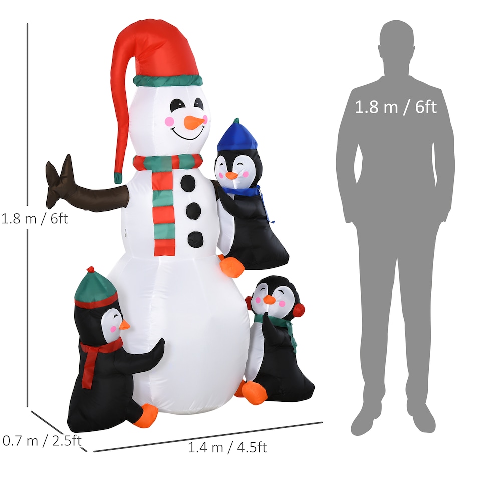 image 1 of HOMCOM 6ft Inflatable Christmas Snowman with Three Penguins LED Xmas Decor Holiday Outdoor Yard Decoration