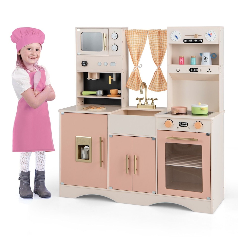 image 1 of COSTWAY Kids Kitchen Playset Toddlers Wooden Pretend Play Kitchen Toy
