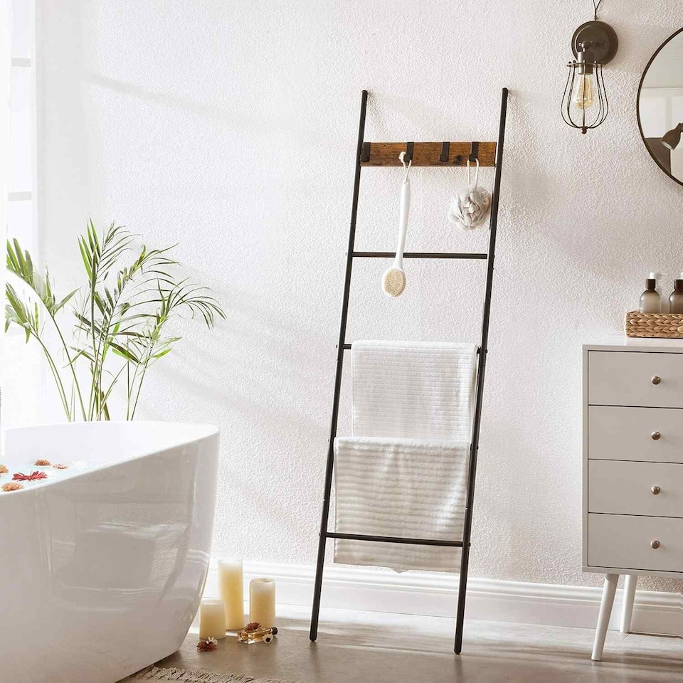 image 1 of Leaning Ladder Shelf with Towel Rack, 5-Tier Display Stand and Hooks, Space-Saving Storage, Rustic Brown and Black