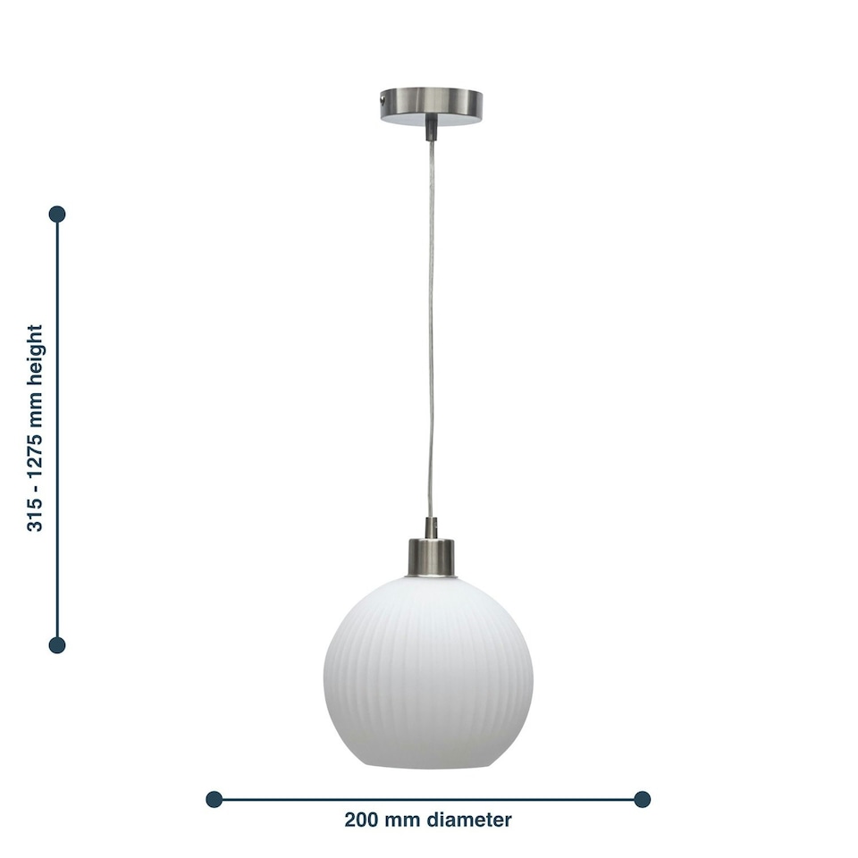 image 1 of First Choice Lighting Betchley White Ribbed Glass Globe with Satin Nickel Pendant Fitting Silver | White
