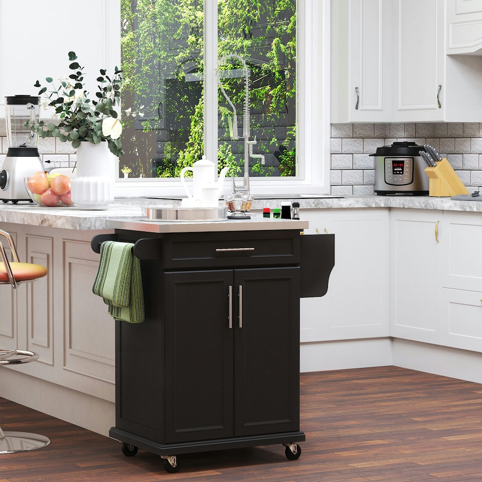 image 1 of HOMCOM Rolling Kitchen Cart Storage Trolley with Drawer Towel Rail Steel Black