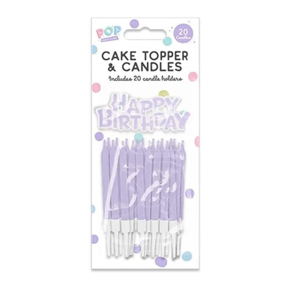 Pastel Lilac Happy Birthday Cake Topper and Candles with Holders Multi