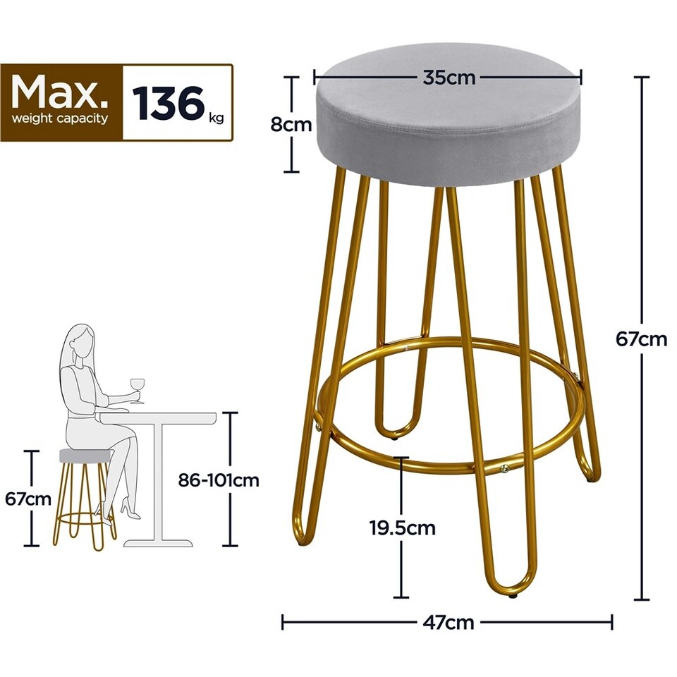 image 1 of Yaheetech 67 cm Tall Upholstered Velvet Counter Stools Grey