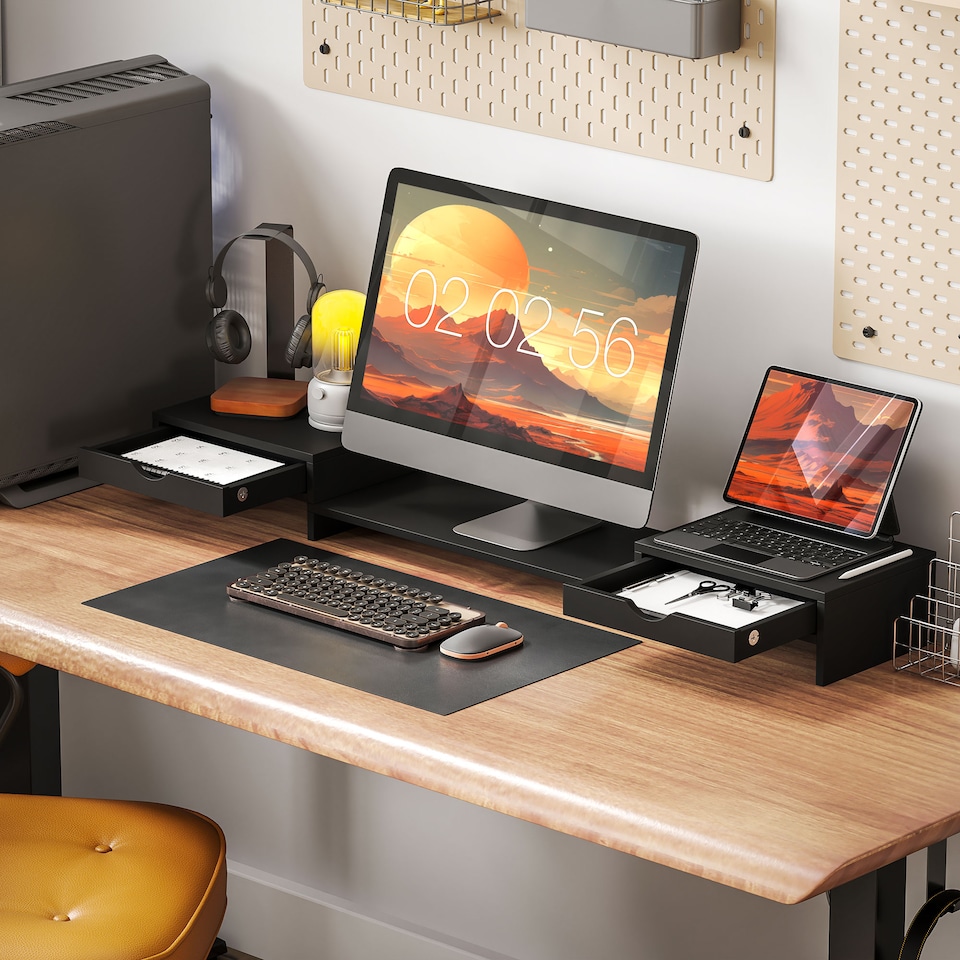 image 1 of HOMCOM Dual Monitor Stand Riser with 2 Drawers, Adjustable Length and Angle, 116cm Monitor Riser for Laptop, Computer, PC, Small Printer, Black