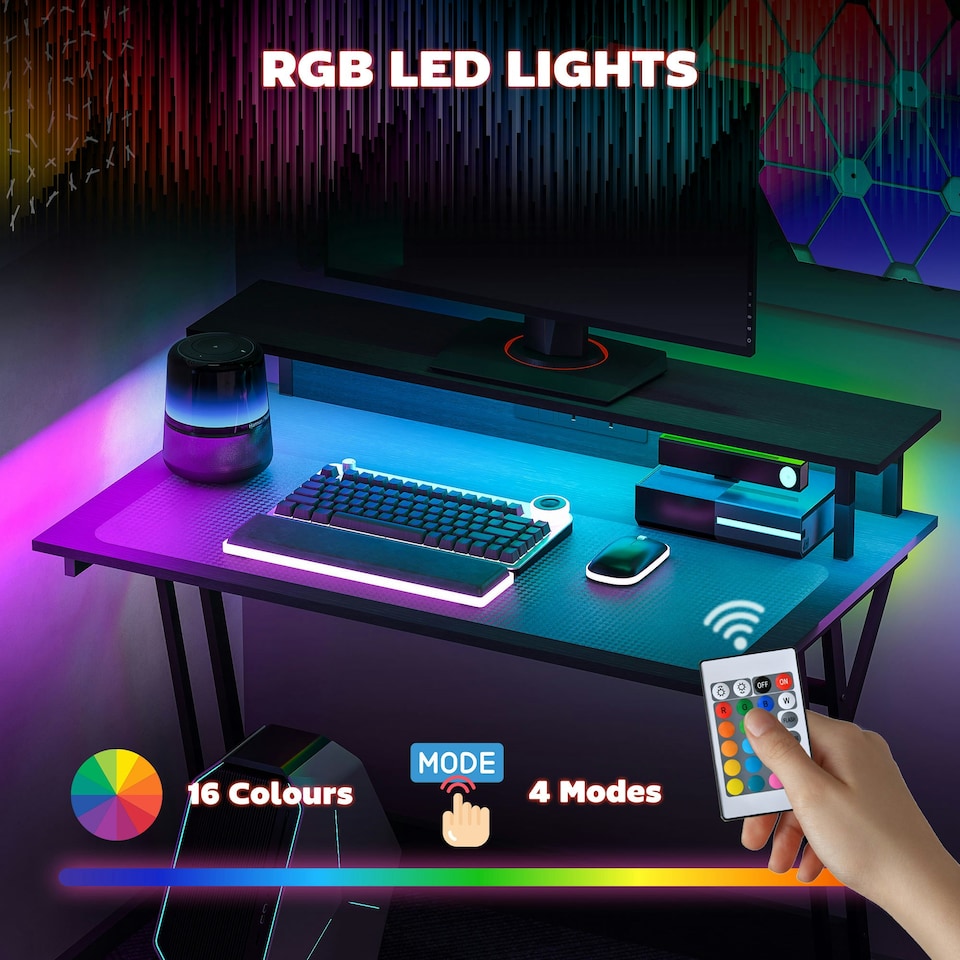 image 1 of HOMCOM LED Gaming Desk with Power Outlets and Monitor Stand 100 x 60cm Black