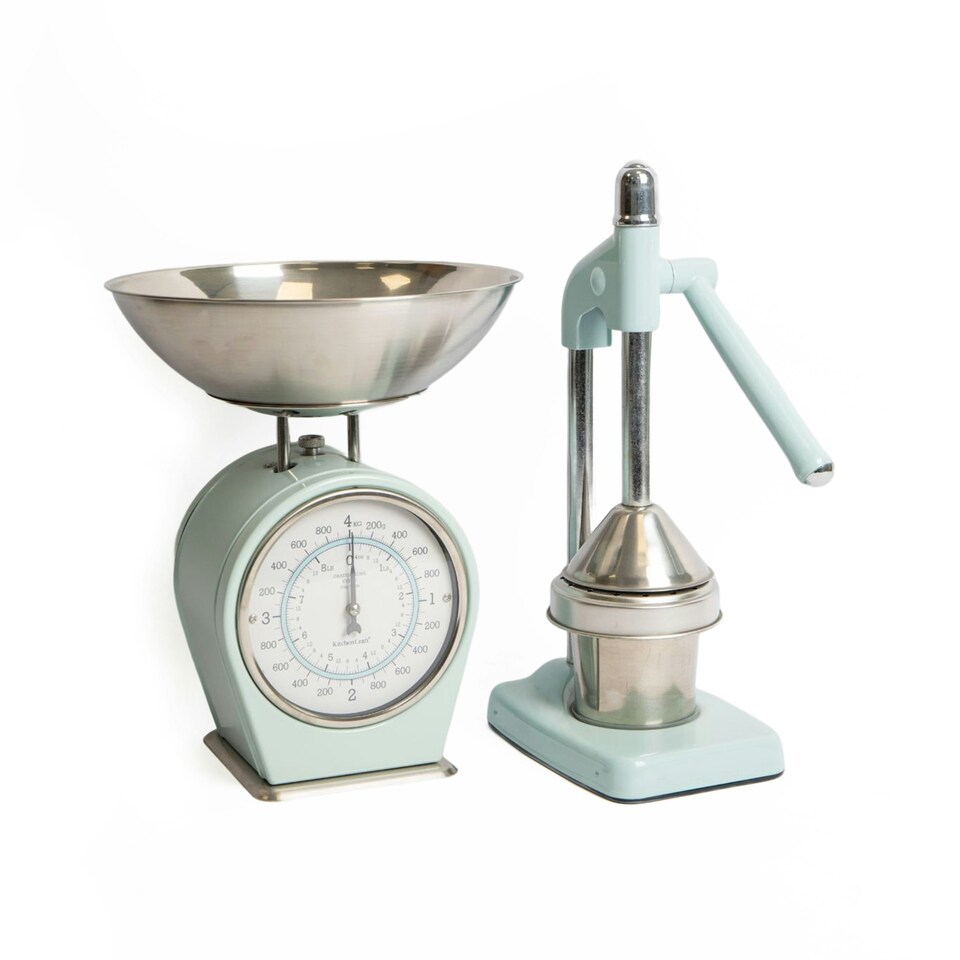 image 1 of 2pc Vintage Blue Heavy Duty Kitchen Set including Mechanical Scales and Heavy-Duty Lever-Arm Juicer