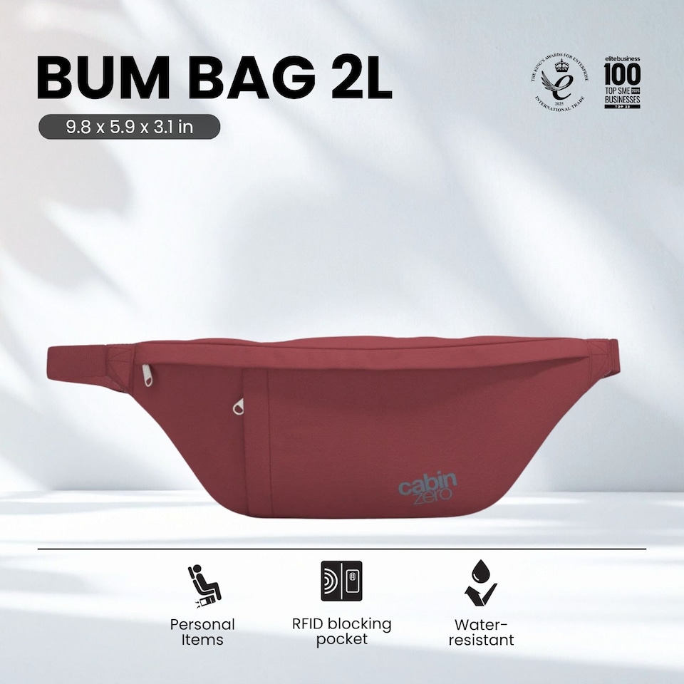 image 1 of CabinZero Bum Bag 2L, Anti-Theft RFID Blocking Travel Hip Pack | Red | Napa Wine