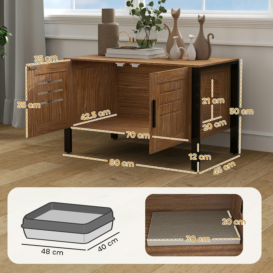 image 1 of PawHut Cat Litter Box Enclosure w/ Tall Legs, Scratching Board, Dark Brown Brown | One Size