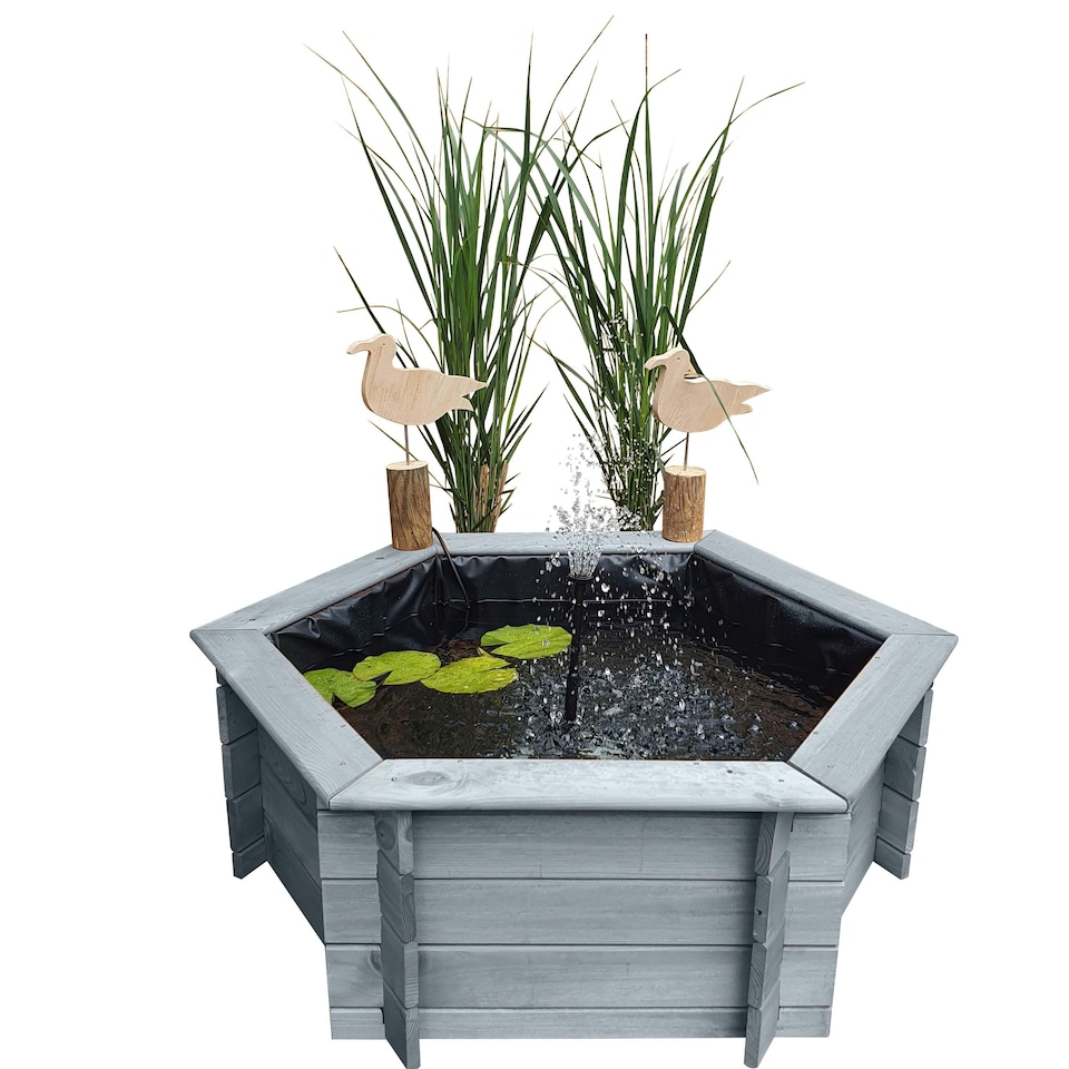 image 1 of Grey Raised Hexagon Garden Solar Pond Set - 1m Width