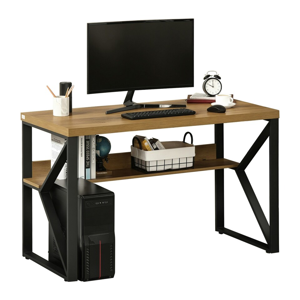 image 1 of HOMCOM Computer Writing Desk K-Shaped Steel Leg Storage Shelf Home Office