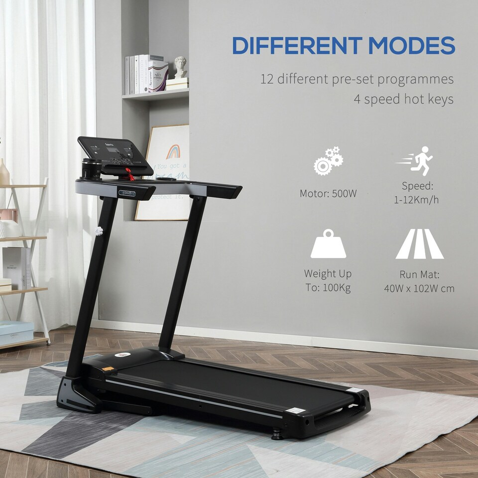 image 1 of HOMCOM 2HP Motorised Treadmill 1-12km/h Folding Frame w/ Wheels Preset Programs