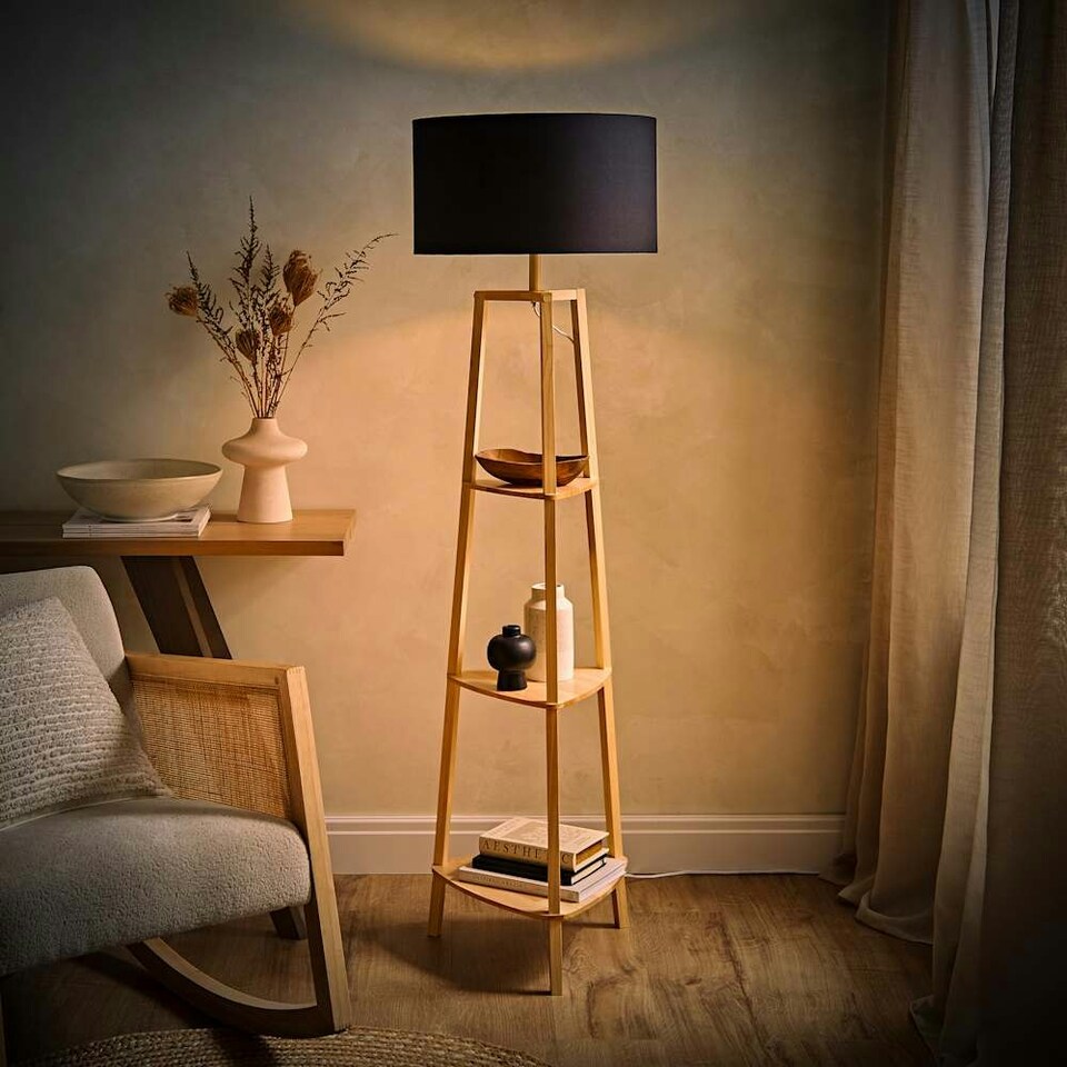 image 1 of ValueLights Hiru Wooden 3 Tier Shelf Floor Lamp Black Shade Black