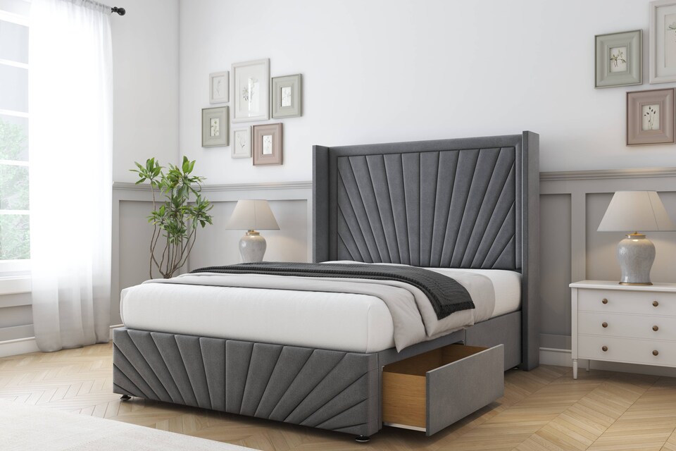 image 1 of Sloomy Rutherford Armour Coniston Divan Bed With Mattress No Drawers With 54" Wingback Headboard & 12" Matching Footboard 5' King | Grey | Armour | King | 1