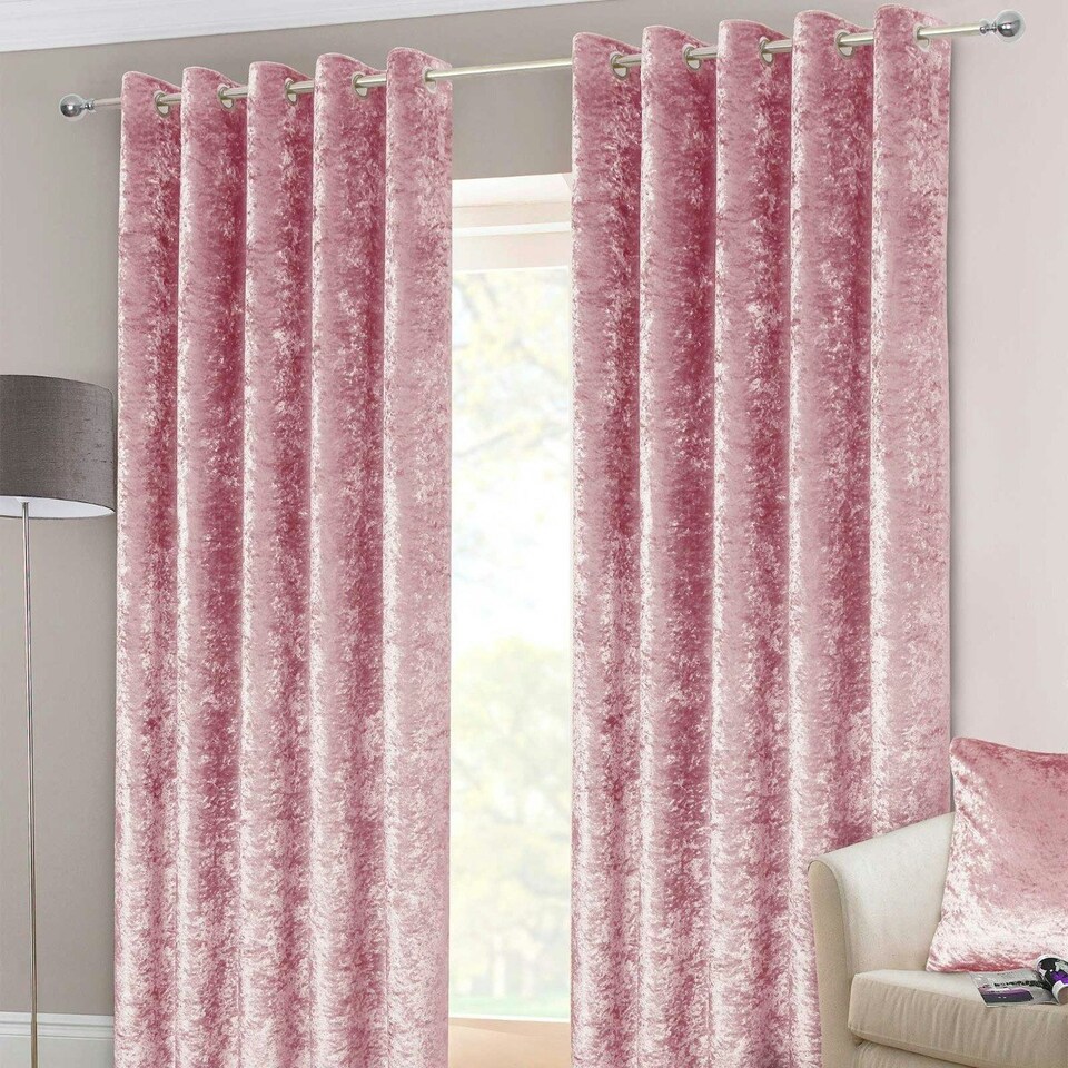 Homescapes Pink Luxury Crushed Velvet Lined Eyelet Curtain Pair - 66 x 72" Pink