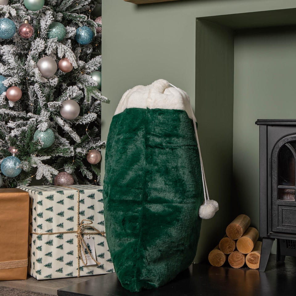 image 1 of 80x55cm Green Christmas Sack with White Cuff and Pom Poms