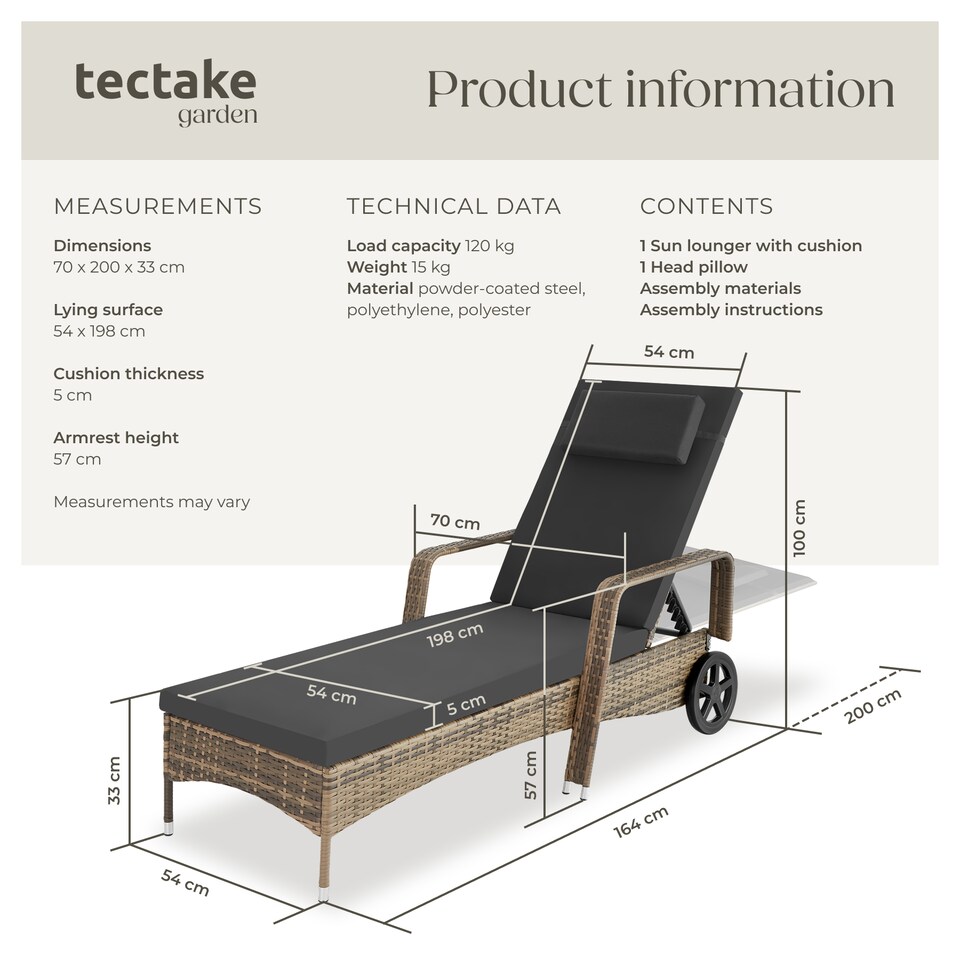image 1 of Sun Lounger - 6-position backrest, weather and UV-resistant, soft pillow, two wheels | Cream | nature/dark grey | 1