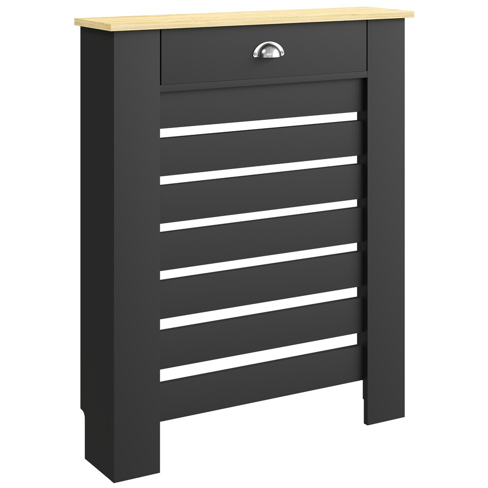 image 1 of HOMCOM Radiator Cover with Drawer, Horizontal Slat, 78cm | Black | Black | 78W x 19D x 95.5H cm