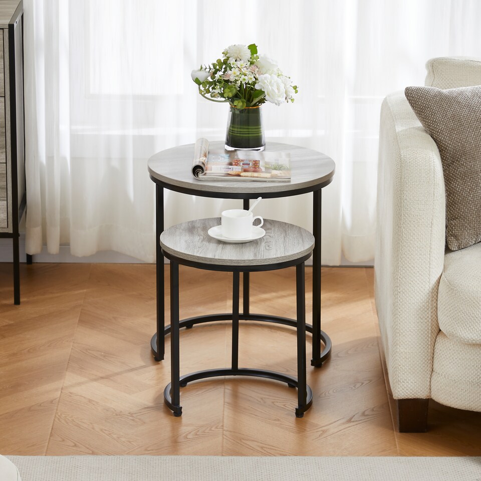 image 1 of Vida Designs Brooklyn Round Nest of Tables 2 Piece Set Nesting Sofa Bedside Side Table, Grey