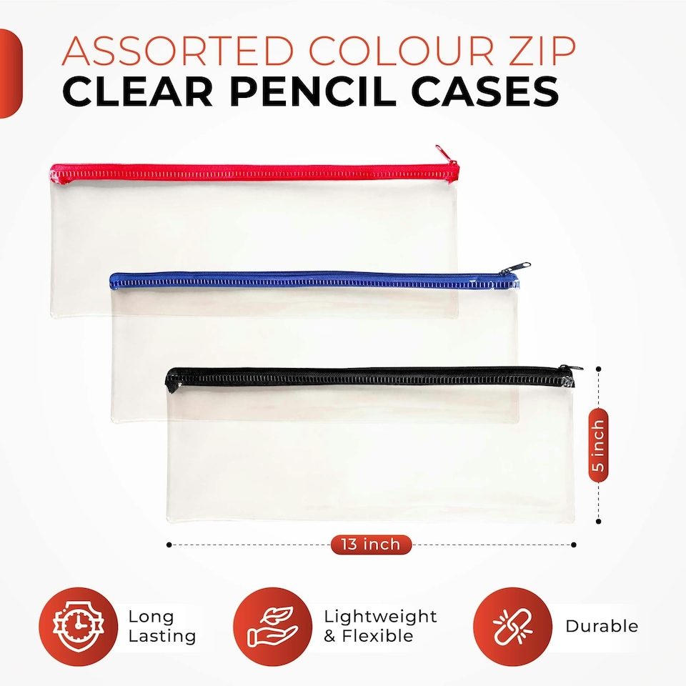 image 1 of Pack of 12 Janrax 13x5" Assorted Colour Zip Clear Exam Pencil Cases
