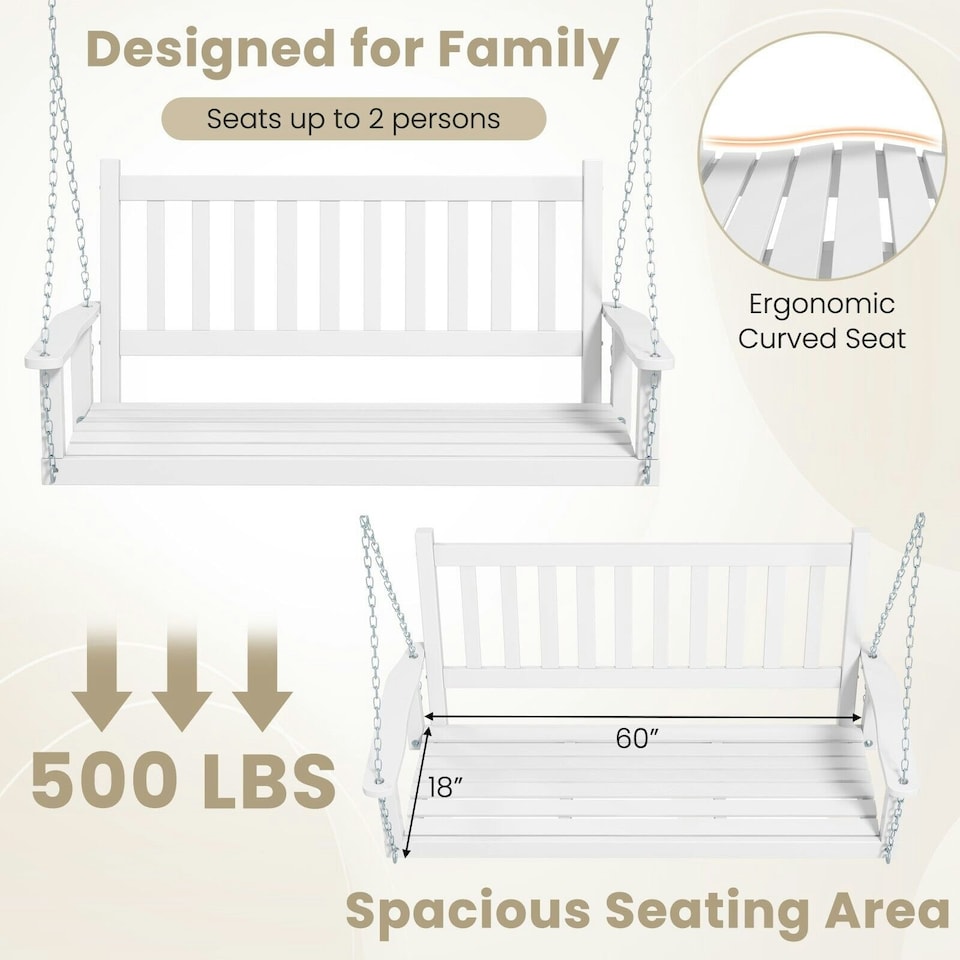 image 1 of COSTWAY 2-Person Porch Hanging Swing Chair Bench w/Back White White