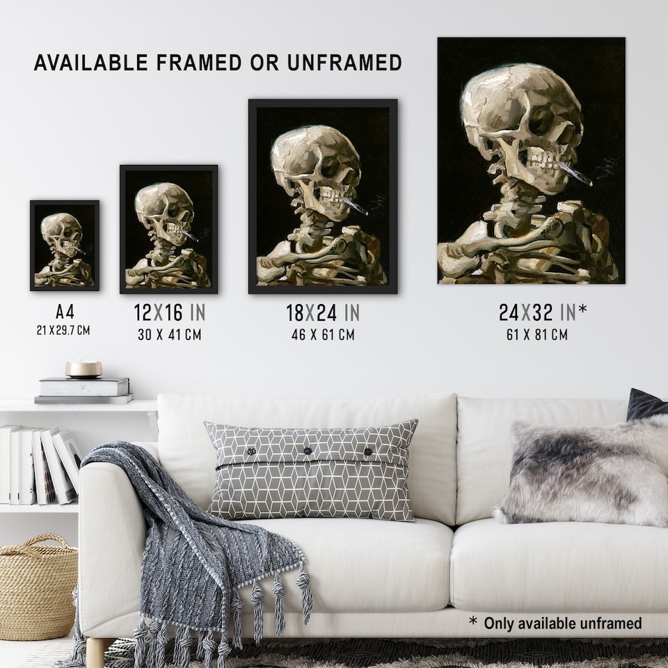 image 1 of Skeleton with Burning Cigarette Van Gogh Vintage Huge Wall Art Poster 24X32"
