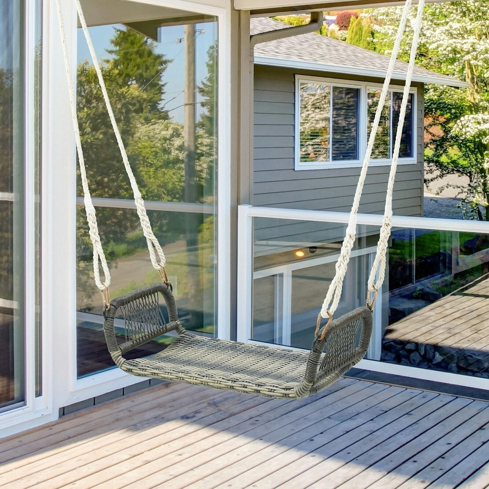 image 1 of COSTWAY Patio Swing Bench Backless Rattan w/Hanging Ropes Black