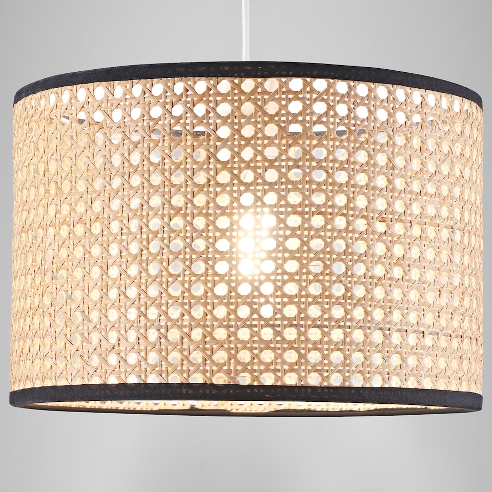 image 1 of Natural Wicker Rattan Drum Shaped Pendant Lamp Shade with Black Cotton Trims | Brown