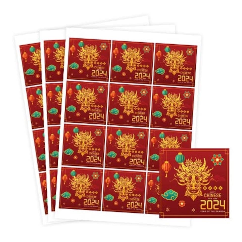 image 1 of Happy Chinese New Year 2024 Dragon Design Square Stickers 65mm - Sheet of 12