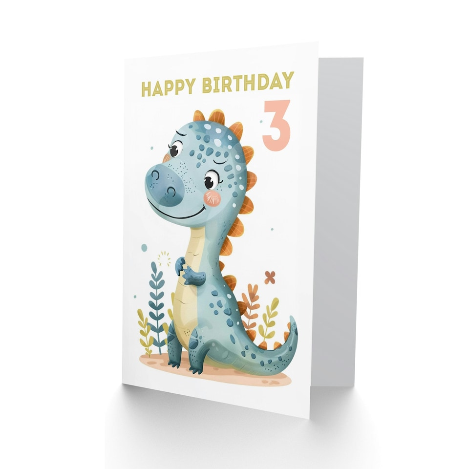 image 1 of Cute Dinosaur Cartoon Drawing Fun Kids Age 3 Year old Child Kids 3rd Birthday Card