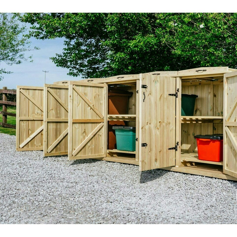 image 1 of Chatburn 2 Wheelie Bin/6 Recycle Box Store - L80.4 x W319.5 x H120 cm - Fits 2x 180L or 2x 240L Wheelie Bins & 6x Recycle Boxes Brown