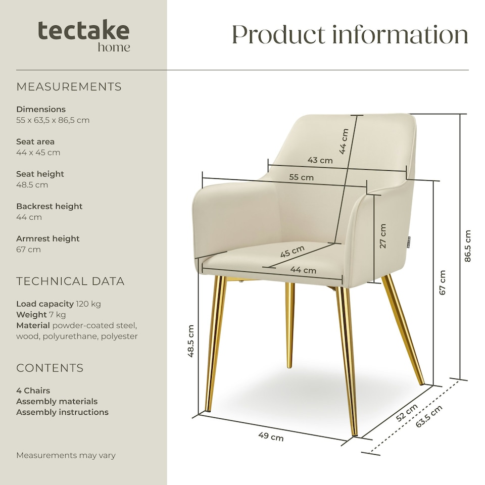 image 1 of Dining Chair Avane - velvet look, padded armchair, high backrest and high armrests - Set of 4 Cream | Beige