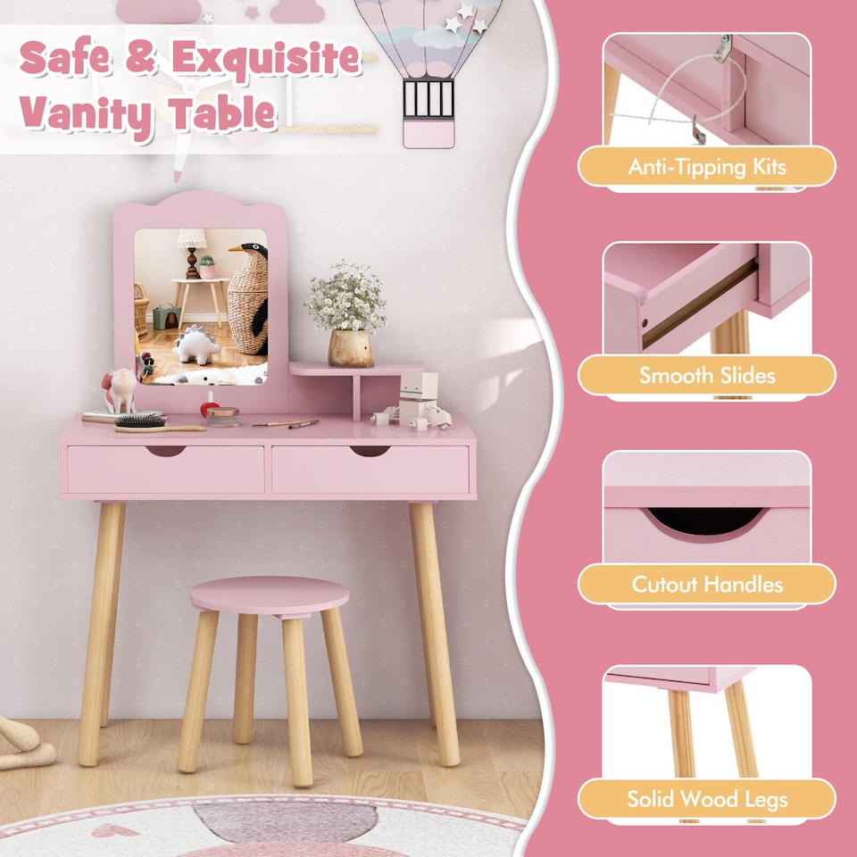 image 1 of COSTWAY 2-in-1 Kids’ Vanity Set Kids Wood Vanity Table Pink