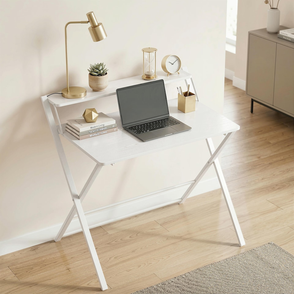 image 1 of HOMCOM Folding Desk with 2-Tier Shelf for Home Office | White