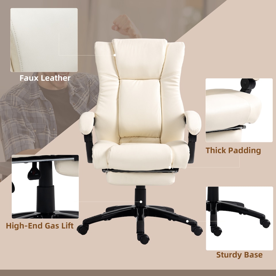 image 1 of Vinsetto Executive Office Chair for Home, PU Leather Computer Chair, Swivel Desk Chair with Footrest, Wheels, Adjustable Height, Cream White