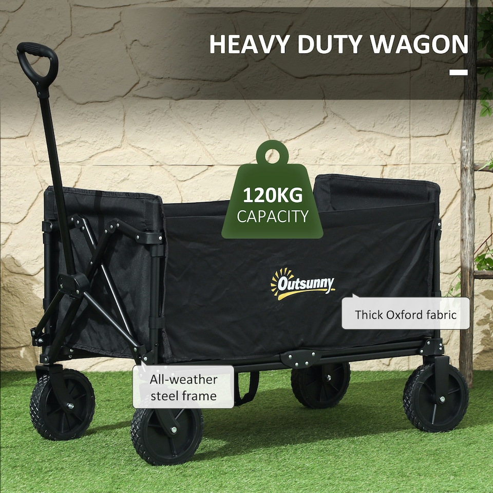 image 1 of Outsunny 120L Folding Collapsible Wagon with Adjustable Handle, Black