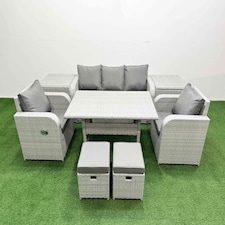 Fimous PE Rattan Garden Furniture Set Reclining Chair Sofa Lounge Sofa Set Rectangular Dining Table 2 Side Table 2 Small Stools Light Grey