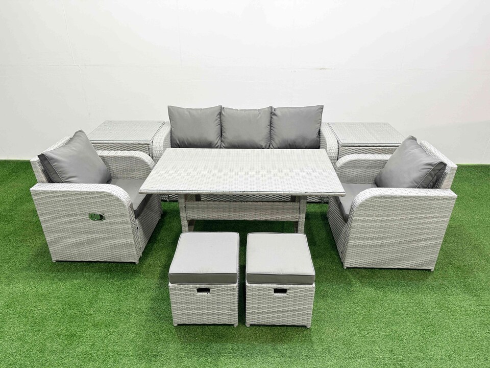 image 1 of Fimous PE Rattan Garden Furniture Set Reclining Chair Sofa Lounge Sofa Set Rectangular Dining Table 2 Side Table 2 Small Stools Light Grey