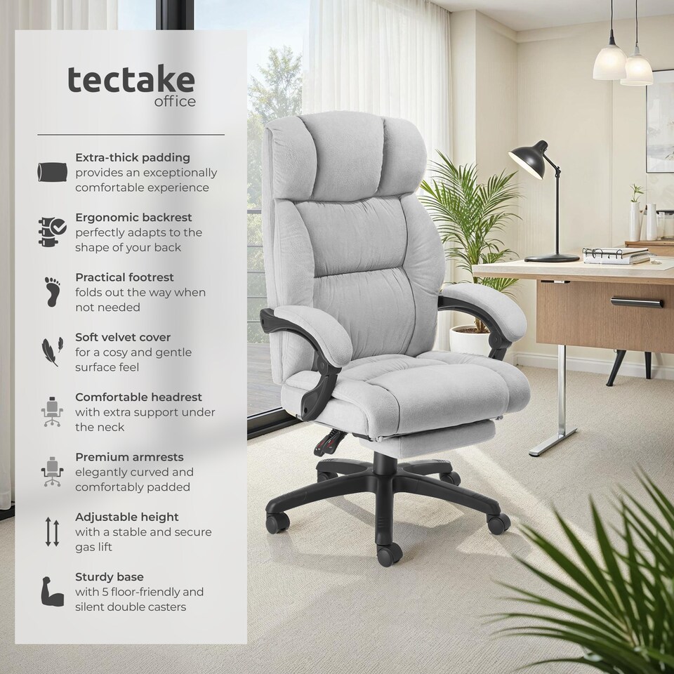 image 1 of Office Chair Gillian with Folding Footrest, 360 Swivel, Padding and Velour cover | Grey | grey | One Size | 1