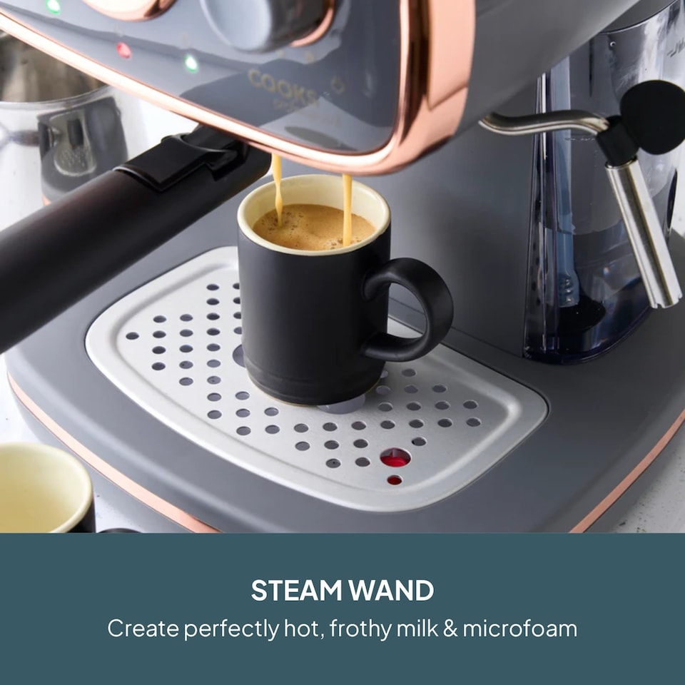 image 1 of Cooks Professional 15-Bar Retro Espresso Coffee Machine 1.2L with Frothing Steam Wand | Grey | Grey & Copper