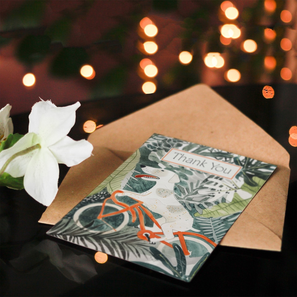 image 1 of Dog Lover Bicycle Ride Through Jungle Watercolour Thank You Card