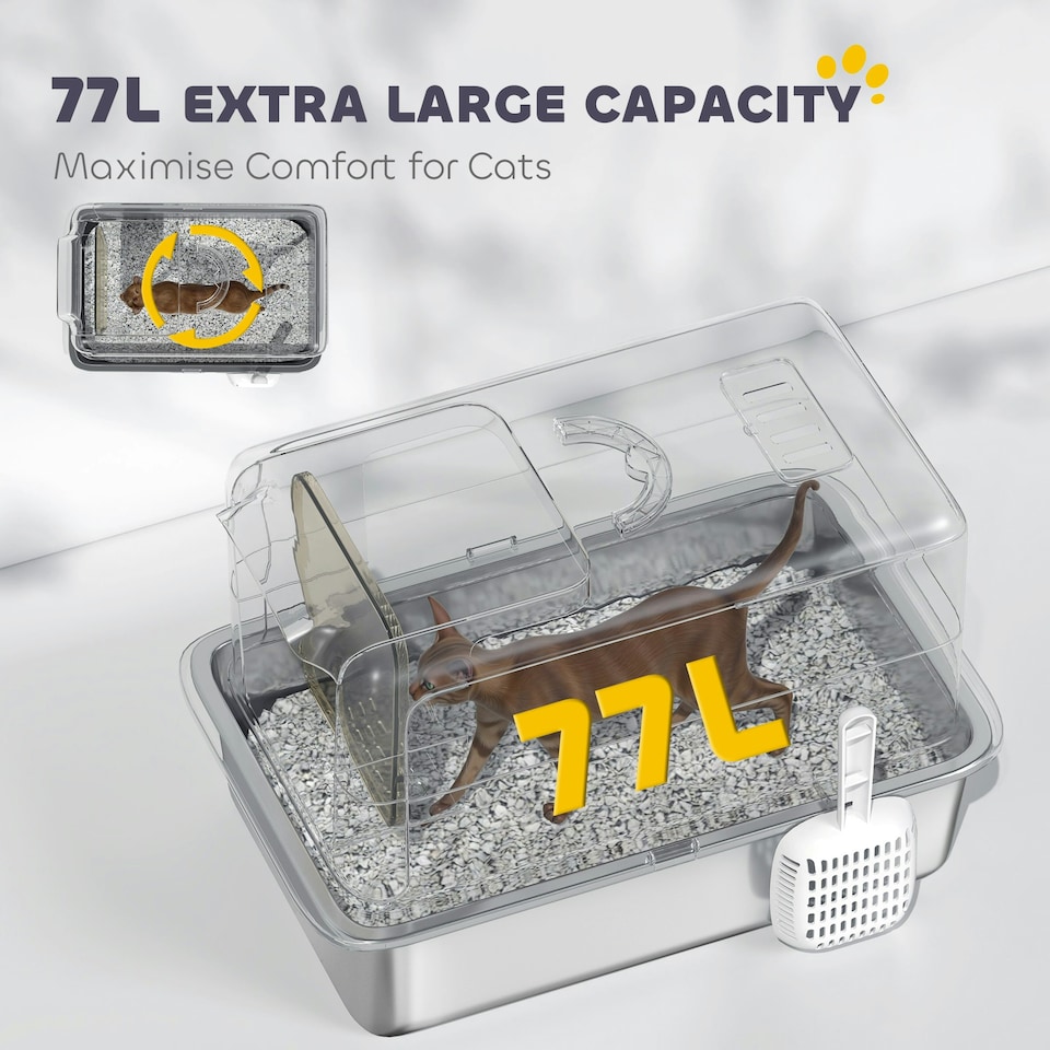 image 1 of PawHut Stainless Steel Cat Litter Box with Removable Lid, Scoop | Grey | One Size