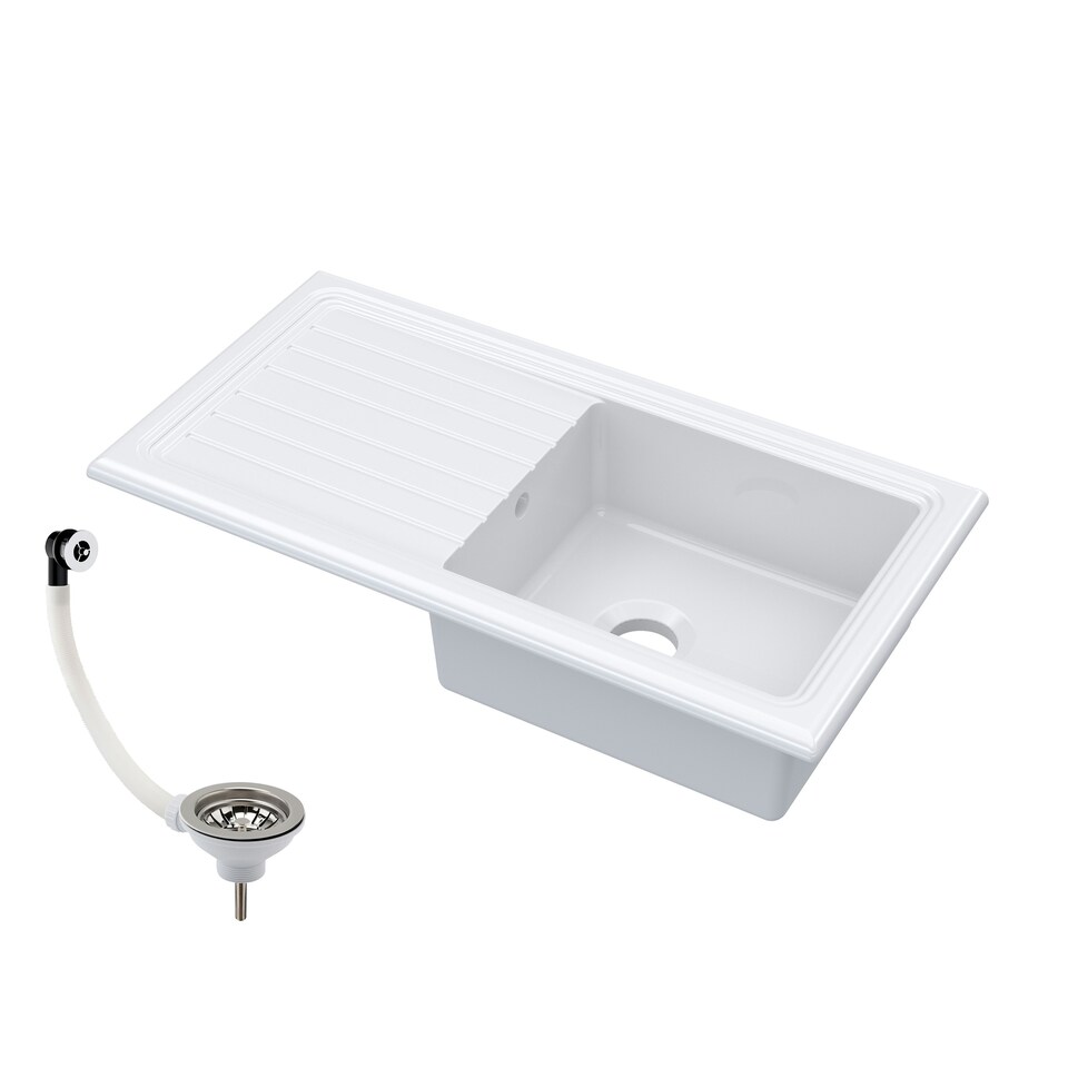 image 1 of Single Bowl Fireclay Ceramic Inset Kitchen Sink & Drainer with Compatible Waste - 1010mm