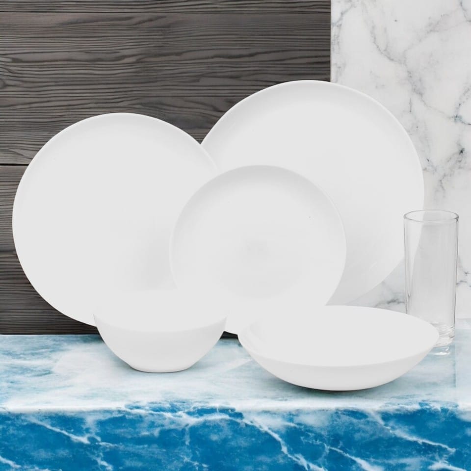 image 1 of White Opal Glass Dinner Set Plates Soup Bowls Dinnerware | White | Luna - Breakfast & Dinner - 24 Pcs | 24