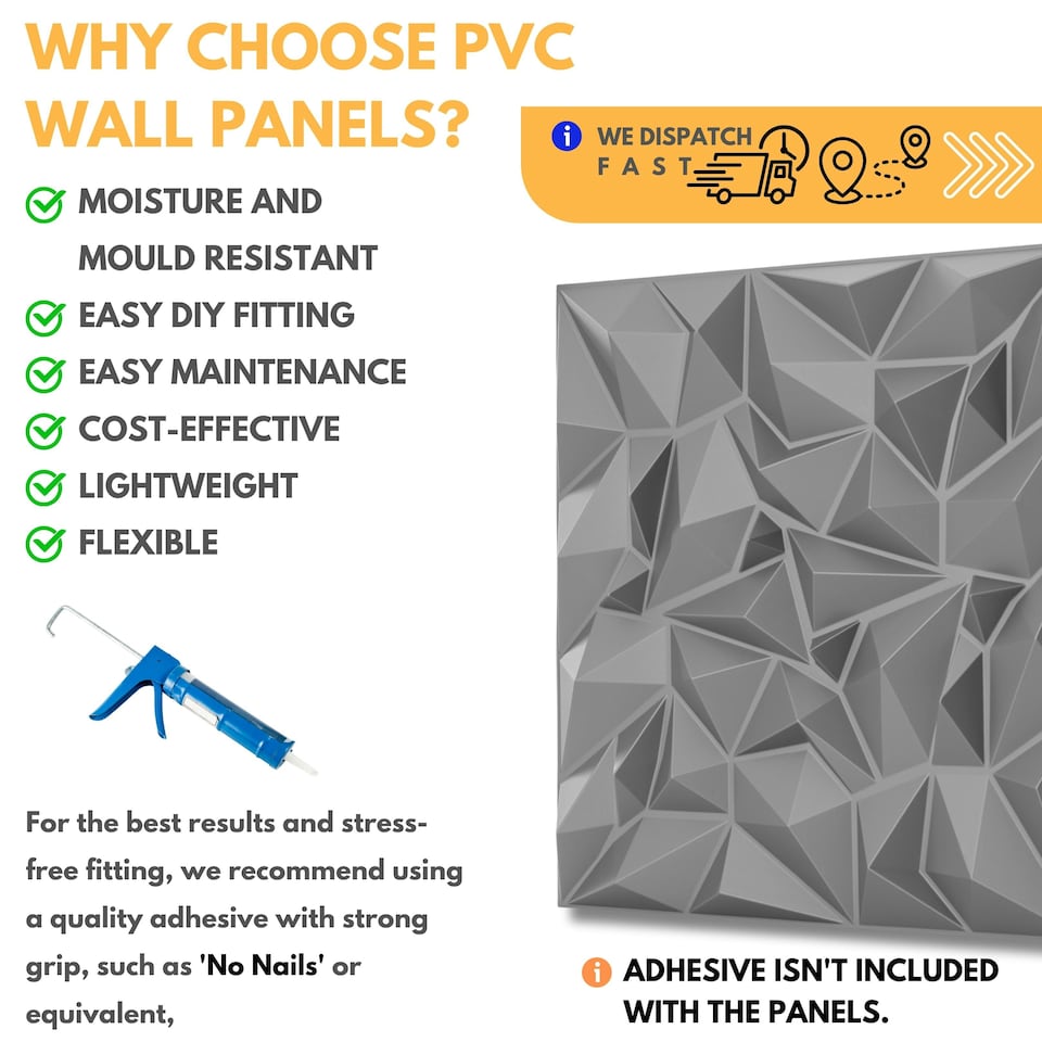 image 1 of NOVECRAFTO Diamond Effect 3D Wall Panels – 6 Sheets Covering 1.5 sqm (16.15 sqft) – Matte Interior PVC Cladding Tiles – 19.6"x19.6" Diamond Design Silver Grey
